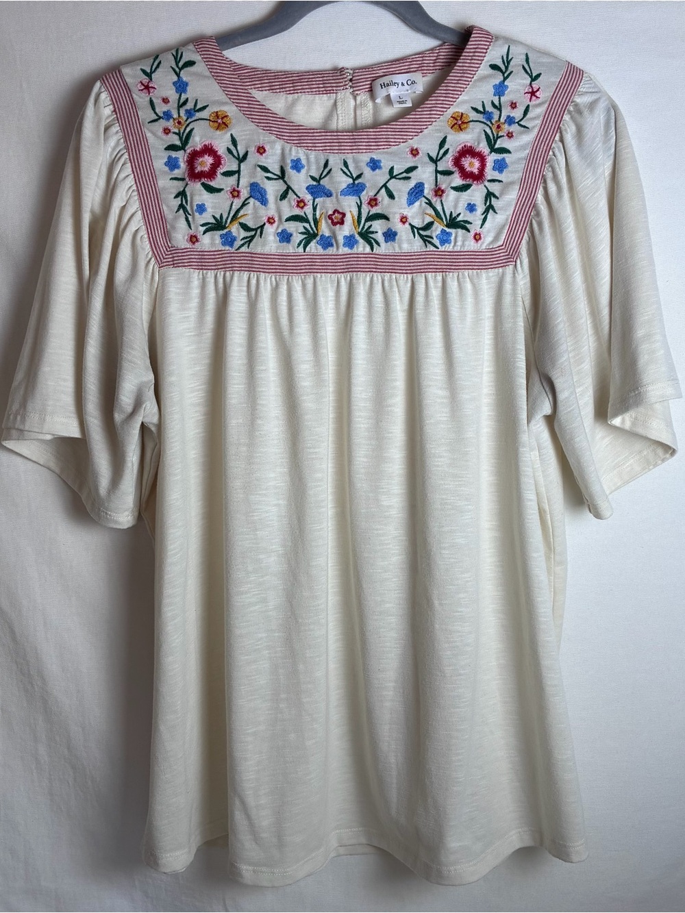 Boho Floral Embroidered Top Womens Large Flutter Sleeve Cream Peasant Blouse